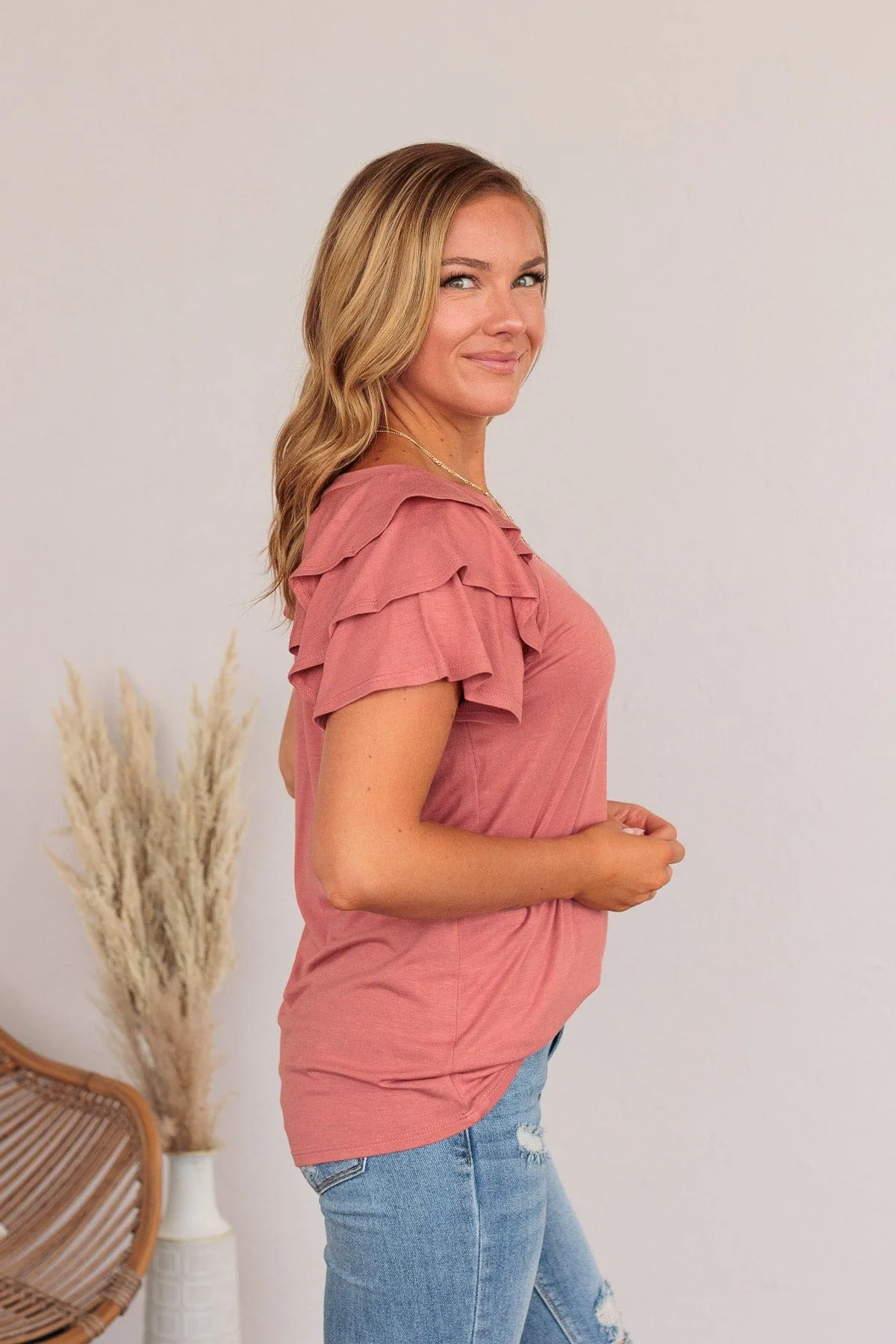 Almost There Tiered Flutter Sleeve Shirt- Rose