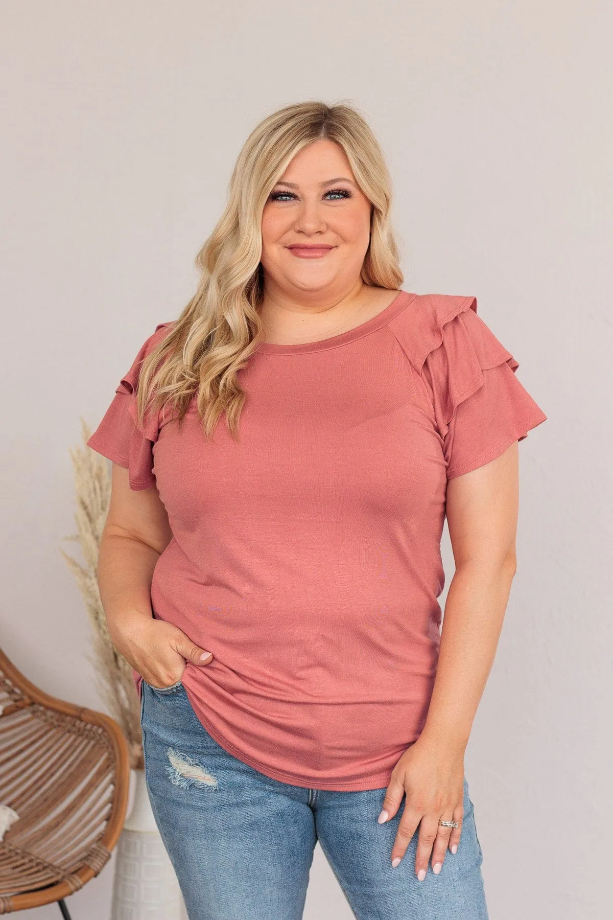 Almost There Tiered Flutter Sleeve Shirt- Rose