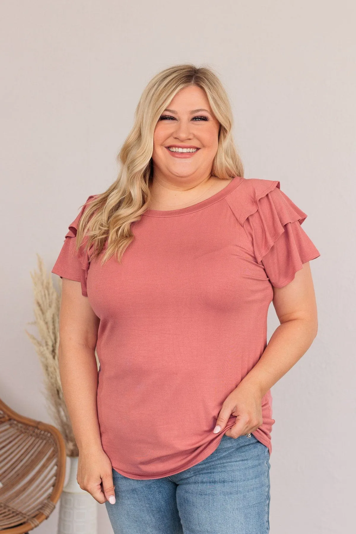 Almost There Tiered Flutter Sleeve Shirt- Rose