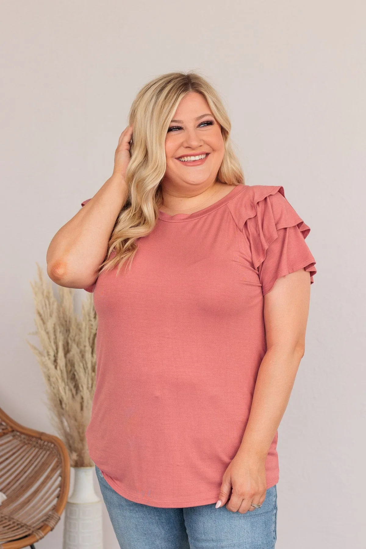 Almost There Tiered Flutter Sleeve Shirt- Rose