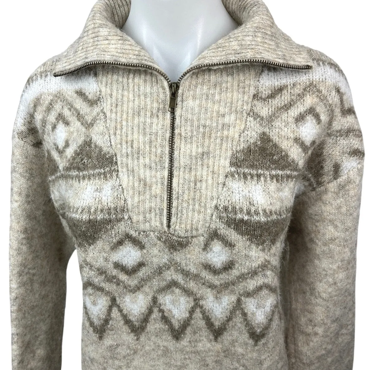 Aqua Brown Tan Half Zip Fair Isle Oversized Long Sleeve Pullover Sweater Top S