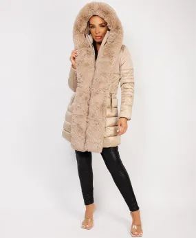 Beige Luxe Faux Fur Trim Collar Hooded Parka Coat