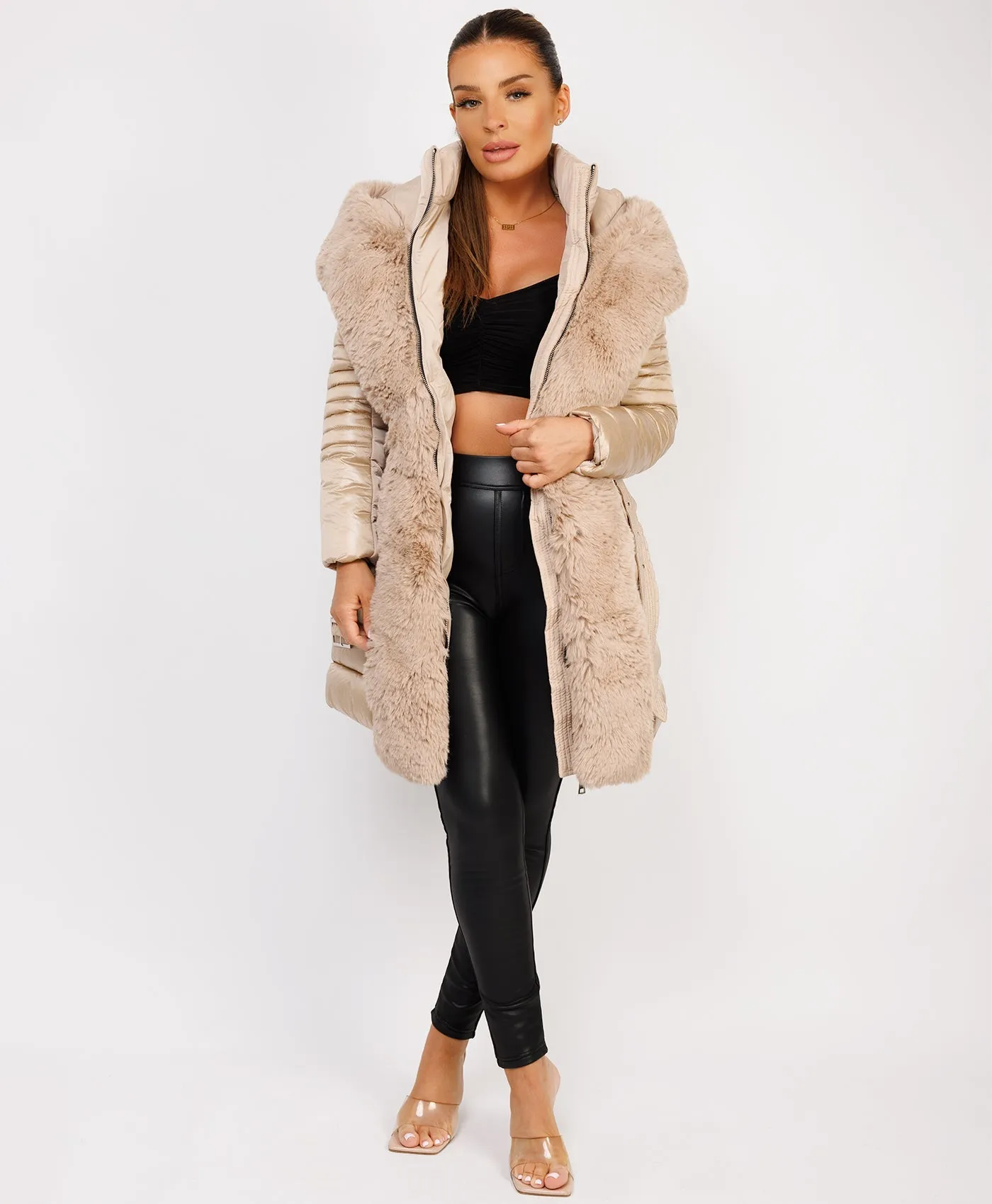 Beige Luxe Faux Fur Trim Collar Hooded Parka Coat