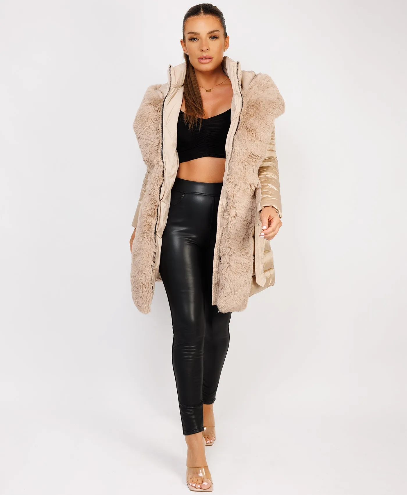 Beige Luxe Faux Fur Trim Collar Hooded Parka Coat