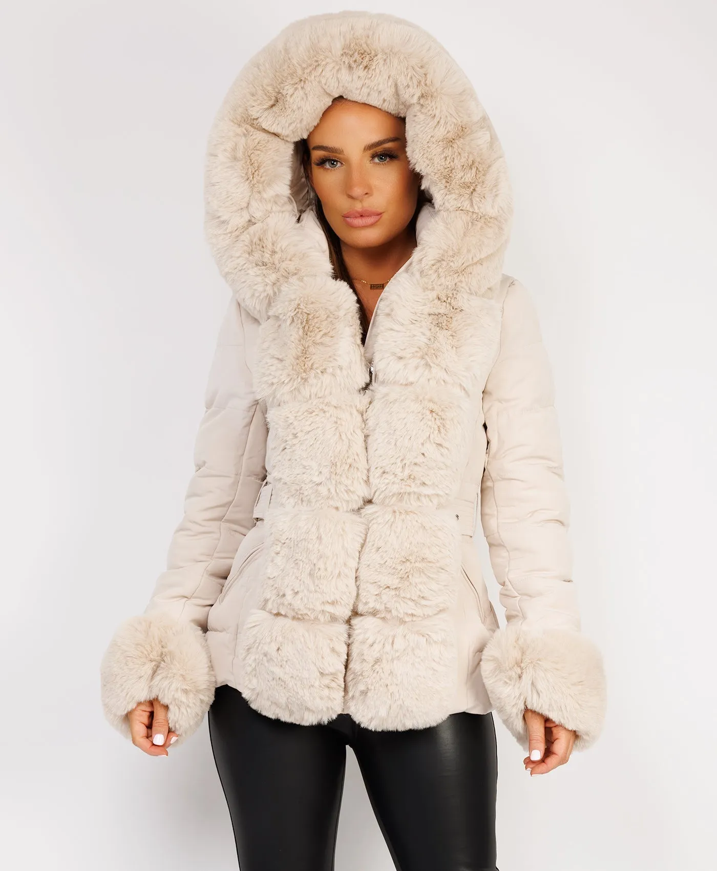 Beige Premium Faux Fur Trim Padded Parka Coat