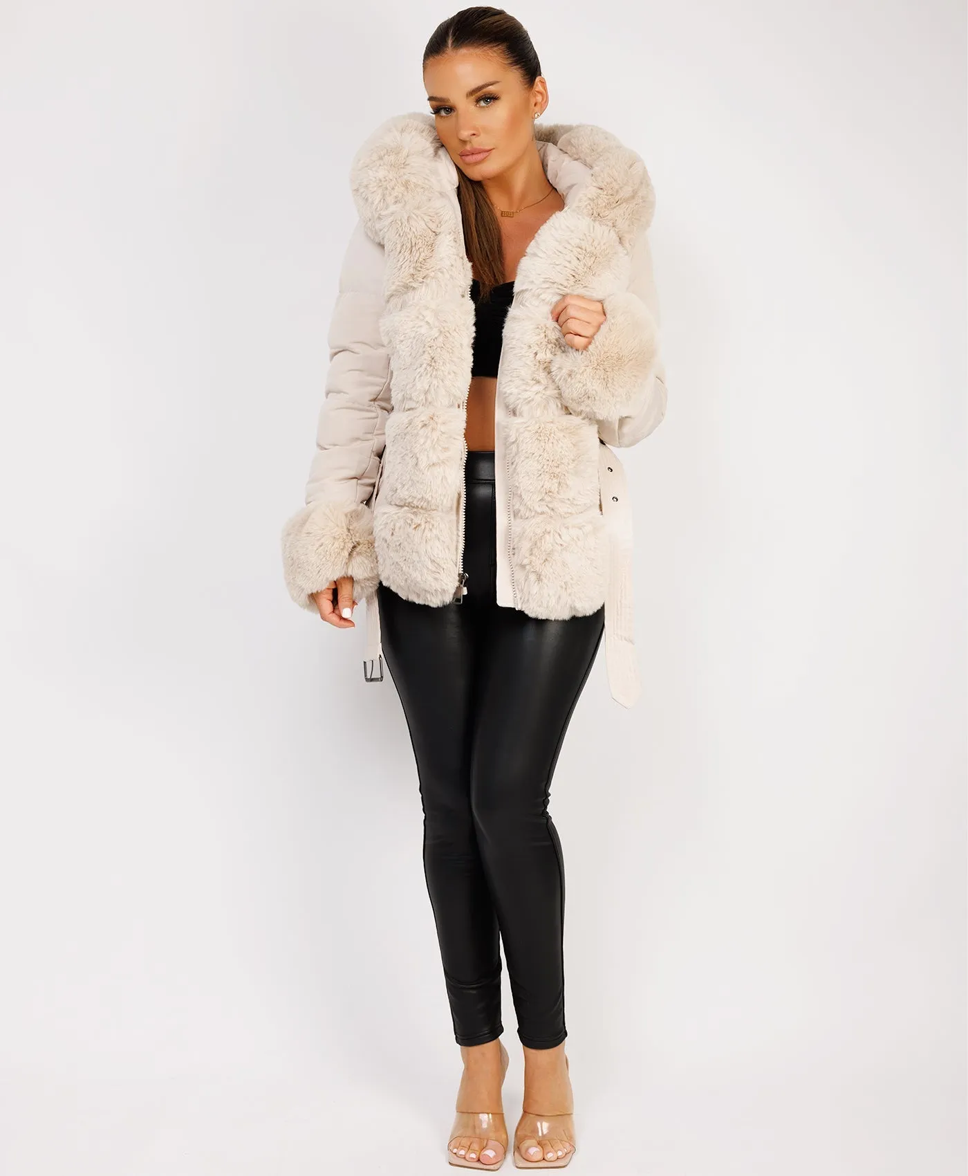 Beige Premium Faux Fur Trim Padded Parka Coat