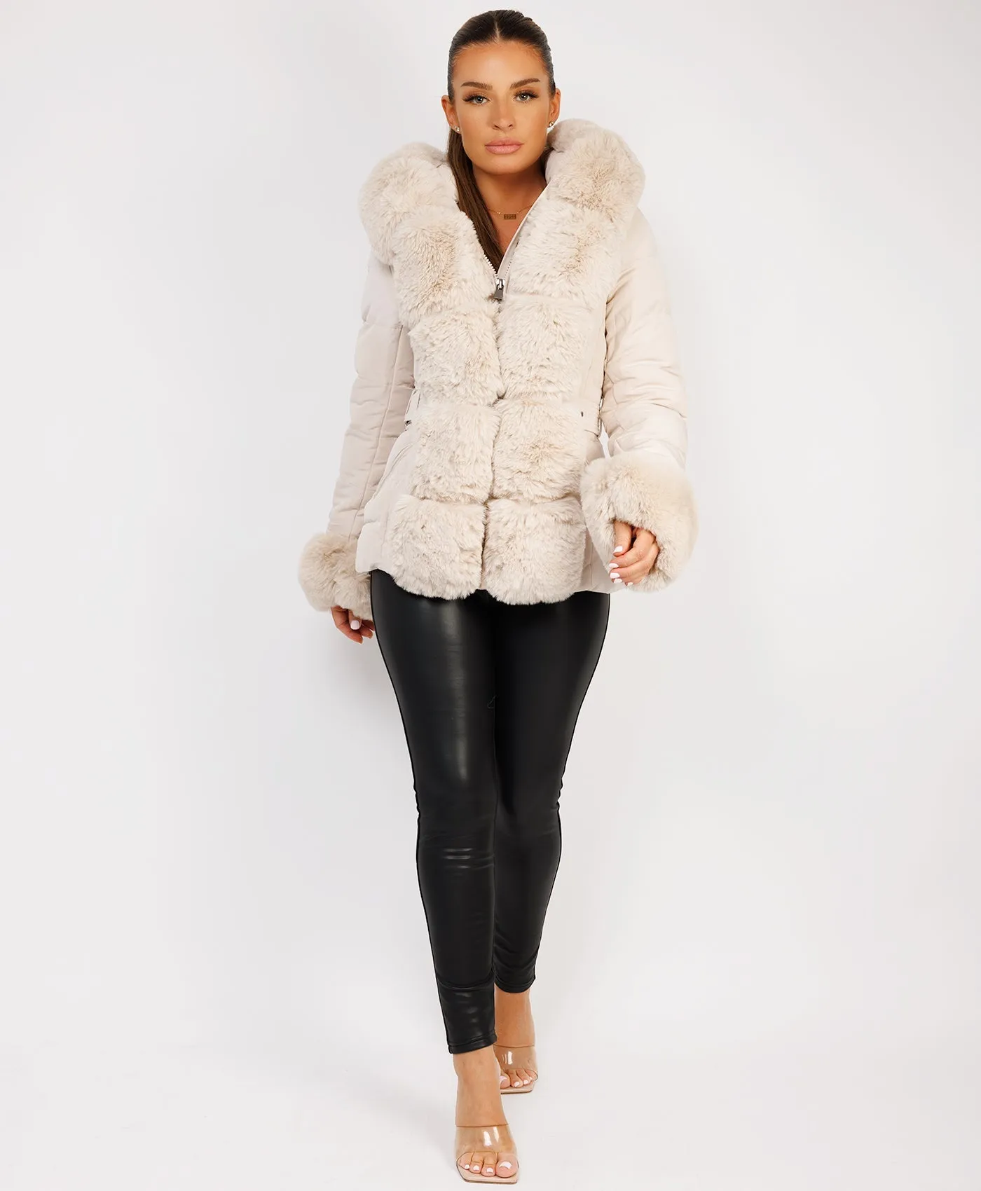 Beige Premium Faux Fur Trim Padded Parka Coat