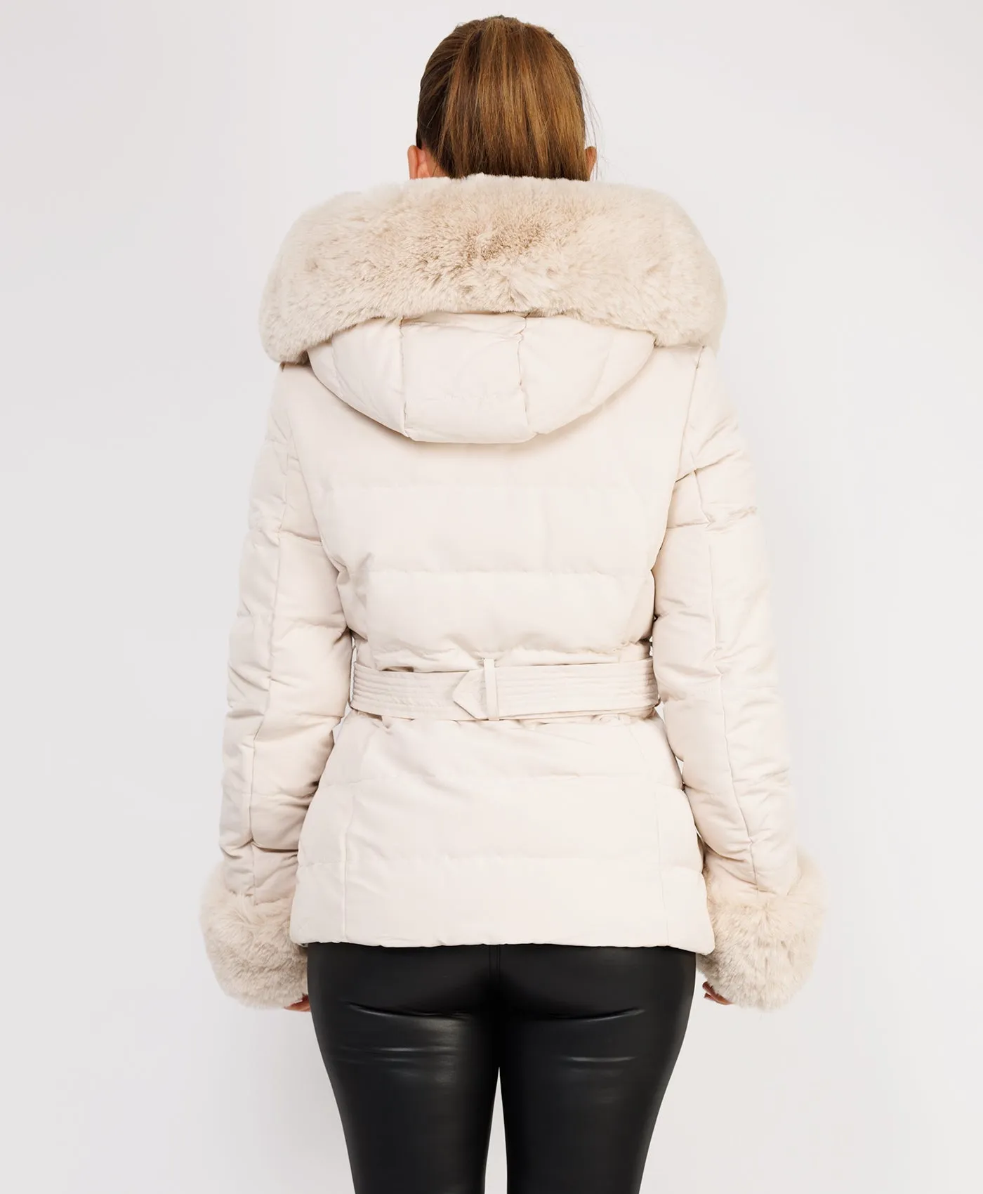 Beige Premium Faux Fur Trim Padded Parka Coat