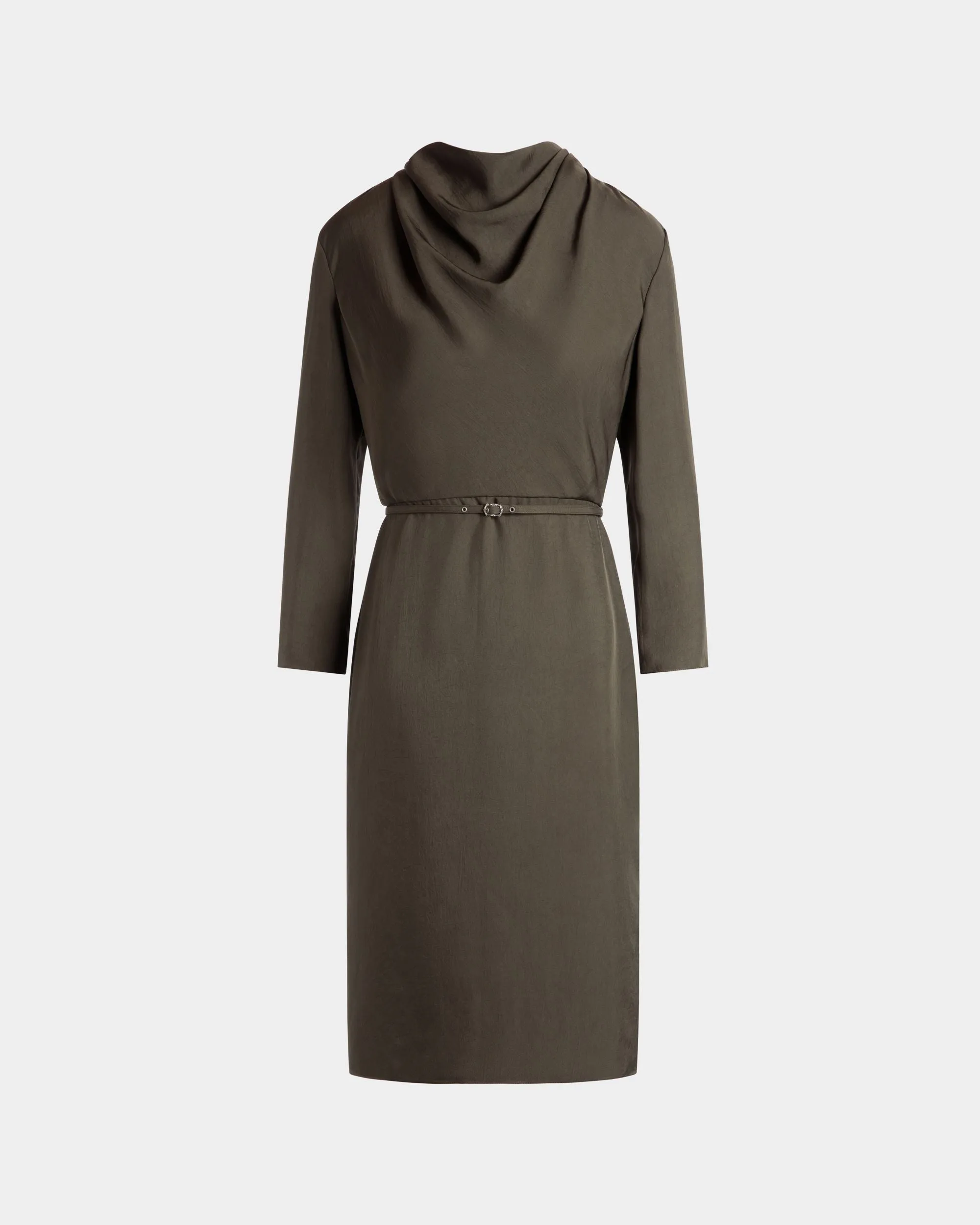 Belted Midi Dress In Military Green Fluid Twill 