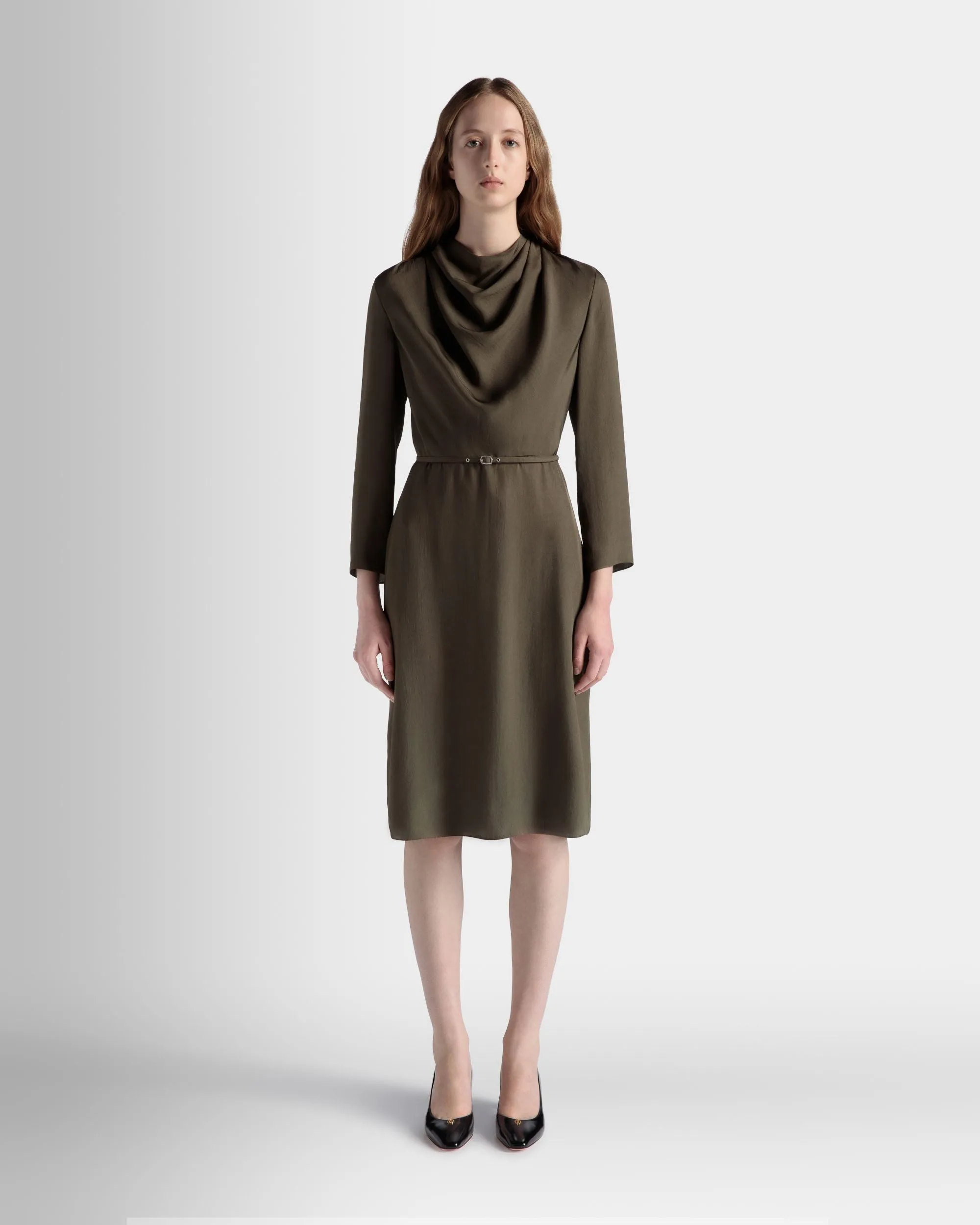 Belted Midi Dress In Military Green Fluid Twill 