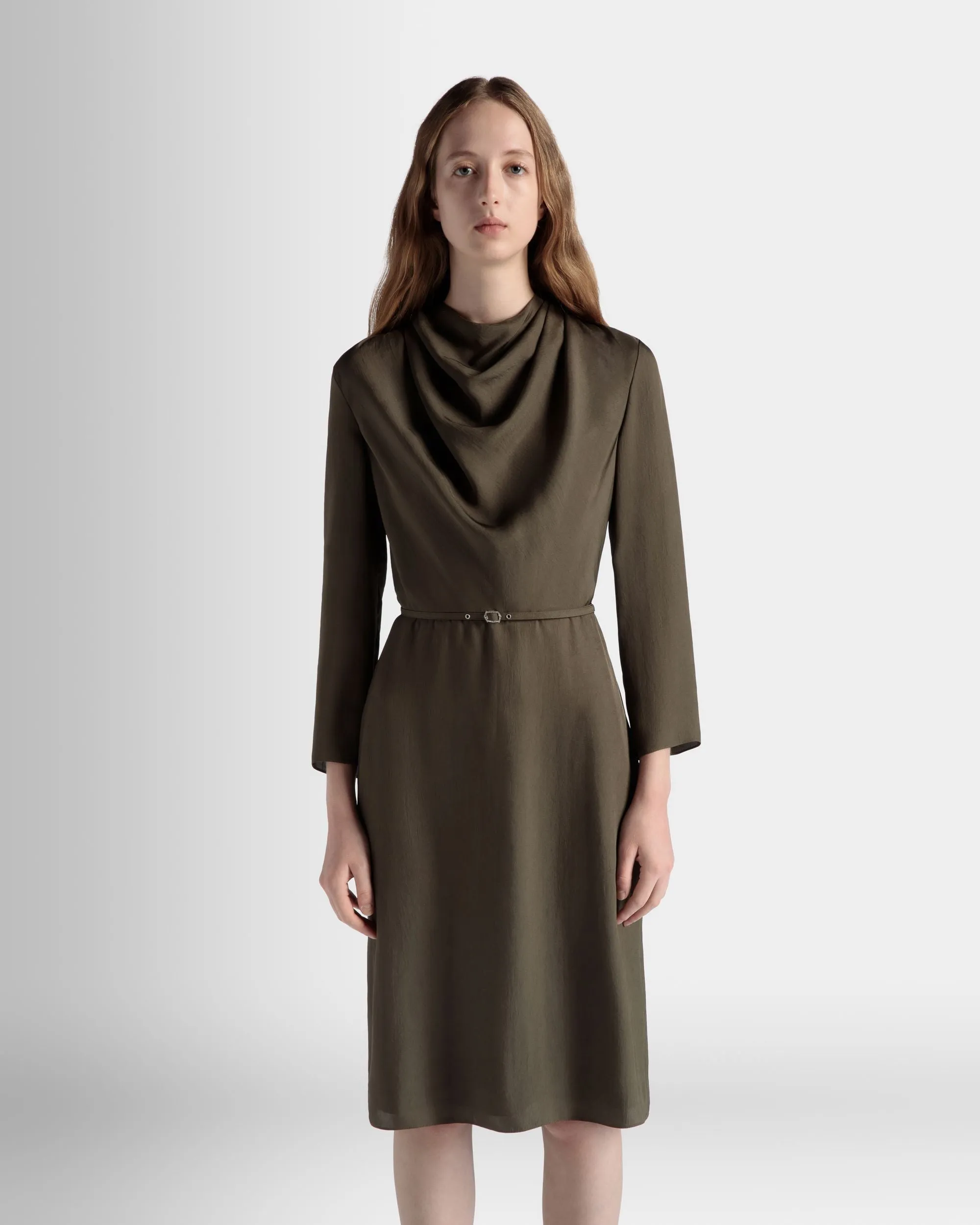 Belted Midi Dress In Military Green Fluid Twill 