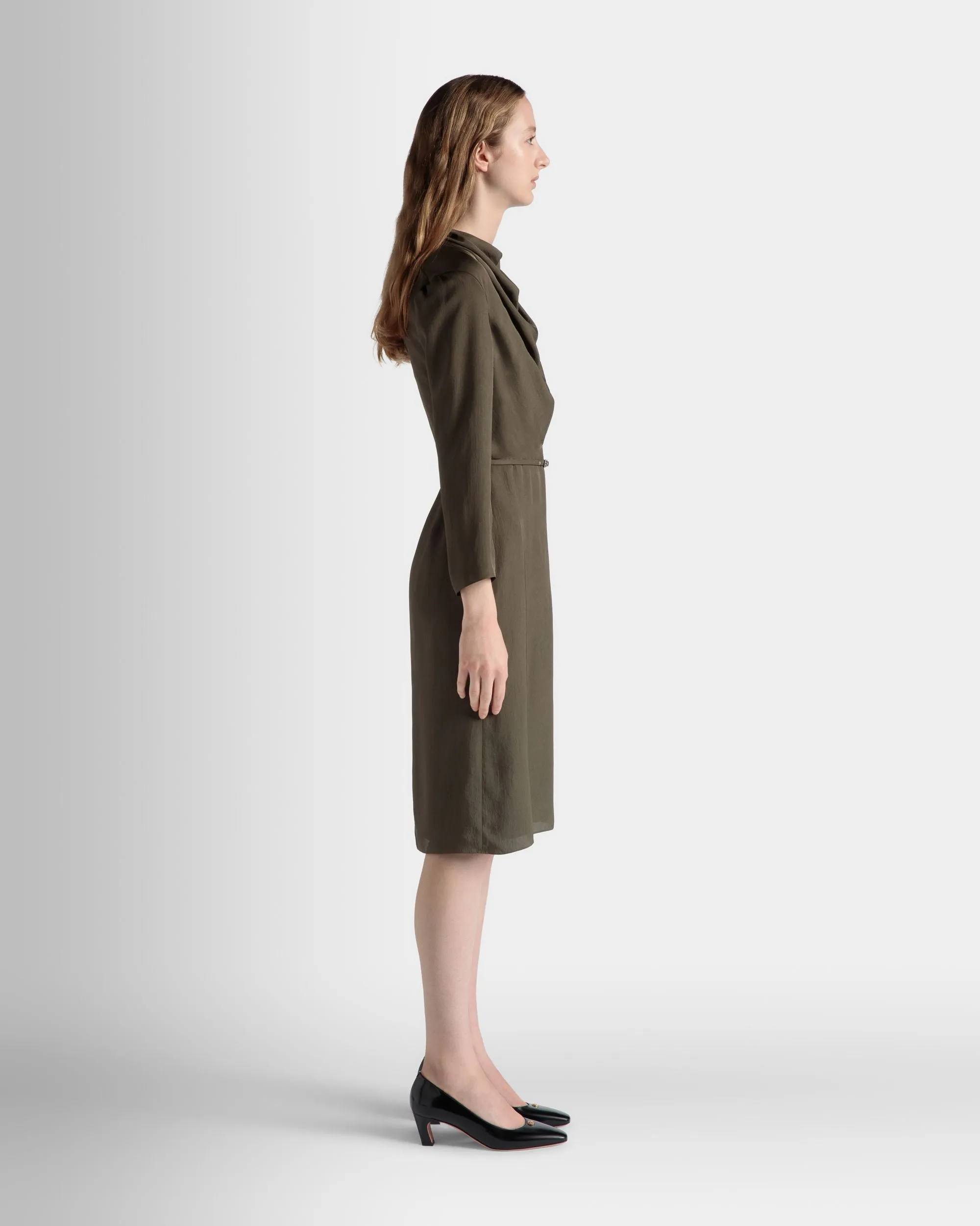 Belted Midi Dress In Military Green Fluid Twill 