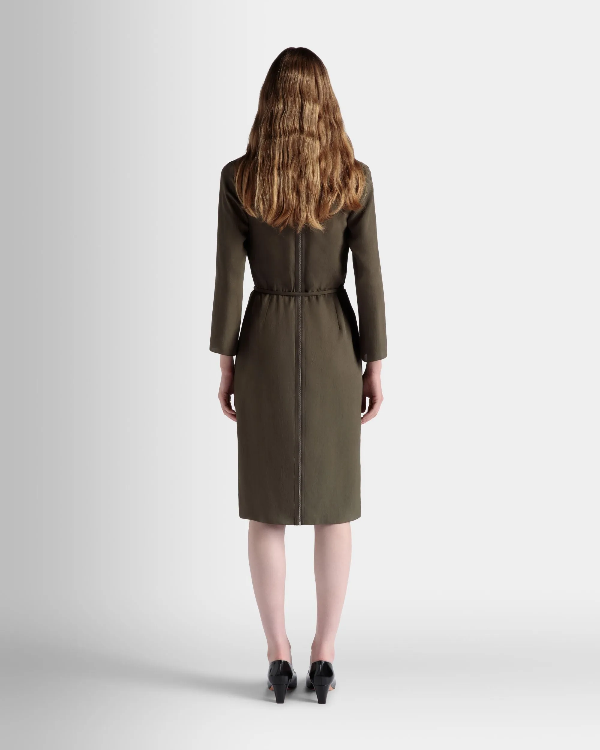 Belted Midi Dress In Military Green Fluid Twill 