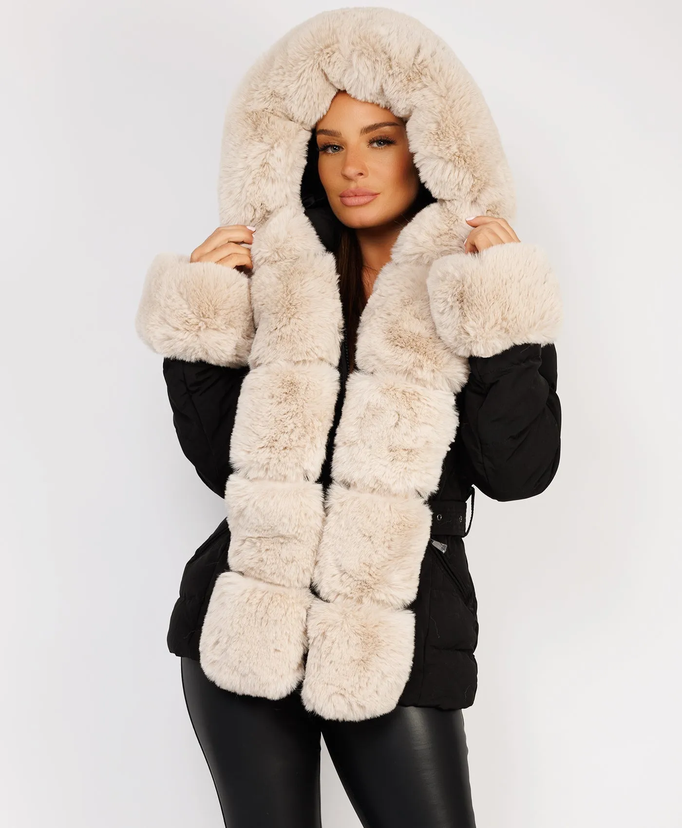 Black Beige Premium Faux Fur Trim Padded Parka Coat