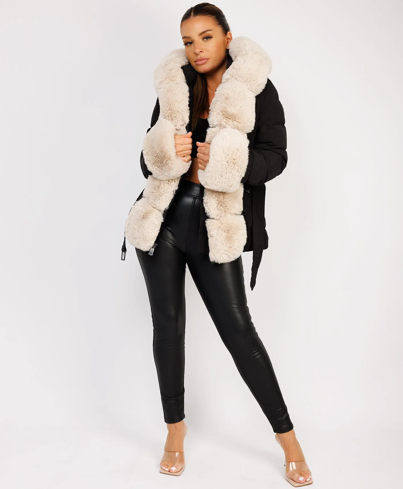 Black Beige Premium Faux Fur Trim Padded Parka Coat