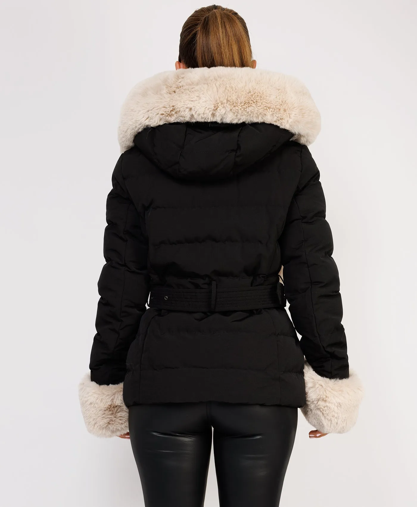 Black Beige Premium Faux Fur Trim Padded Parka Coat