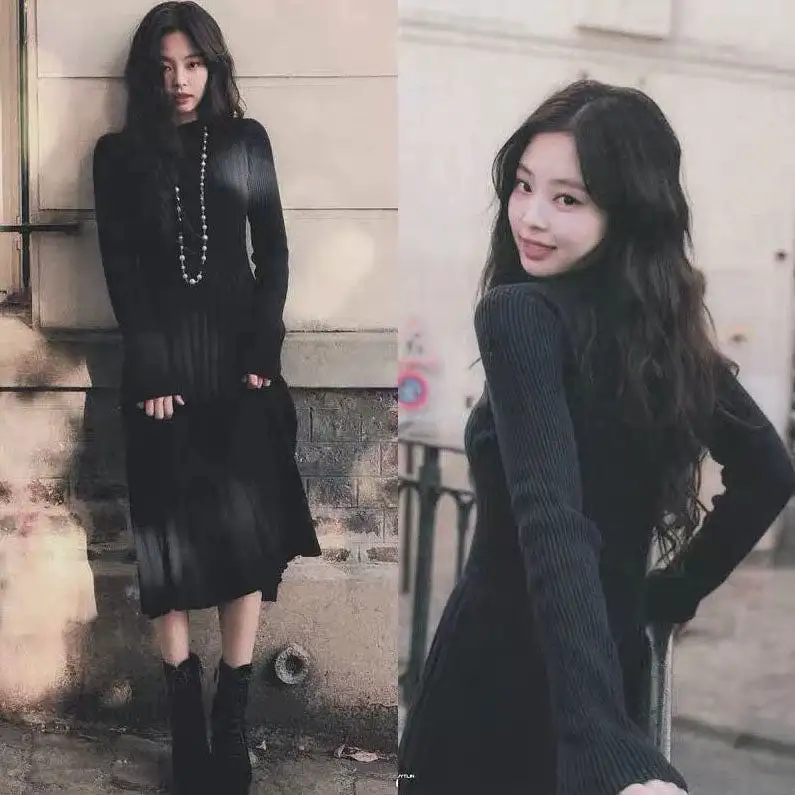 Black Chic Sweaters Dresses Blackpink Jennie Jenny Style Long Outfits Kpop Fashion Clothes Wedding Dinner Dating Party Clubber