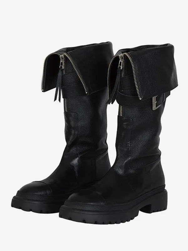 Black Knee High Boots Women's Cuff Buckle Detetail Flatt Boots