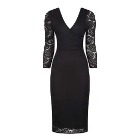 Black Lace 3/4 Sleeve Wrap Over Effect Midi Dress