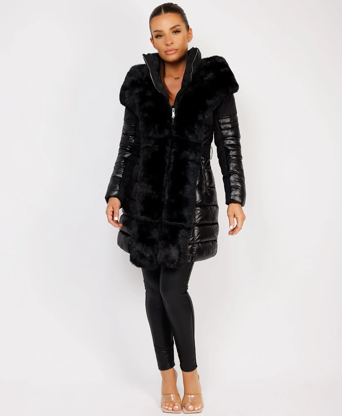 Black Luxe Faux Fur Trim Collar Hooded Parka Coat