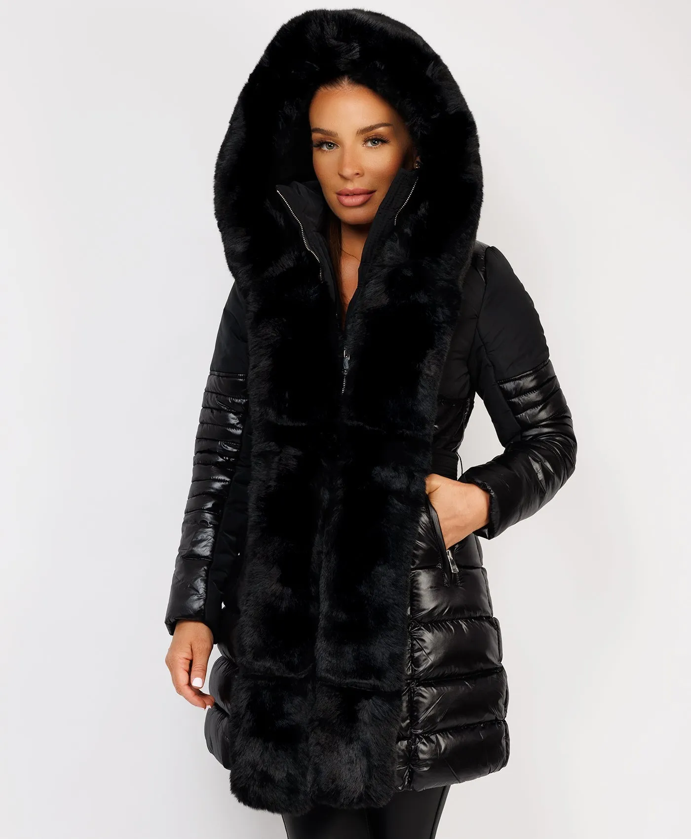 Black Luxe Faux Fur Trim Collar Hooded Parka Coat