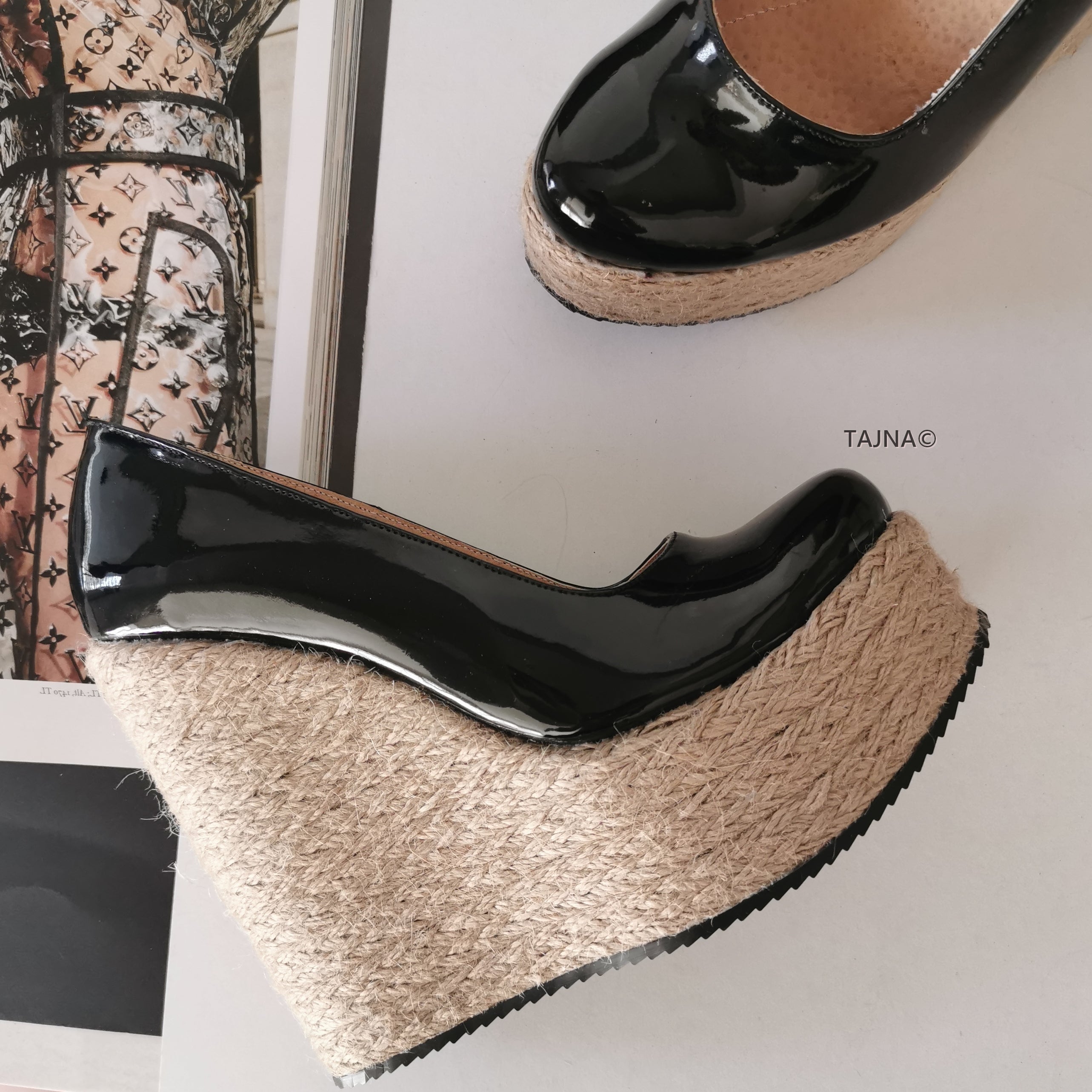 Black Patent Espadril Wedge Heels