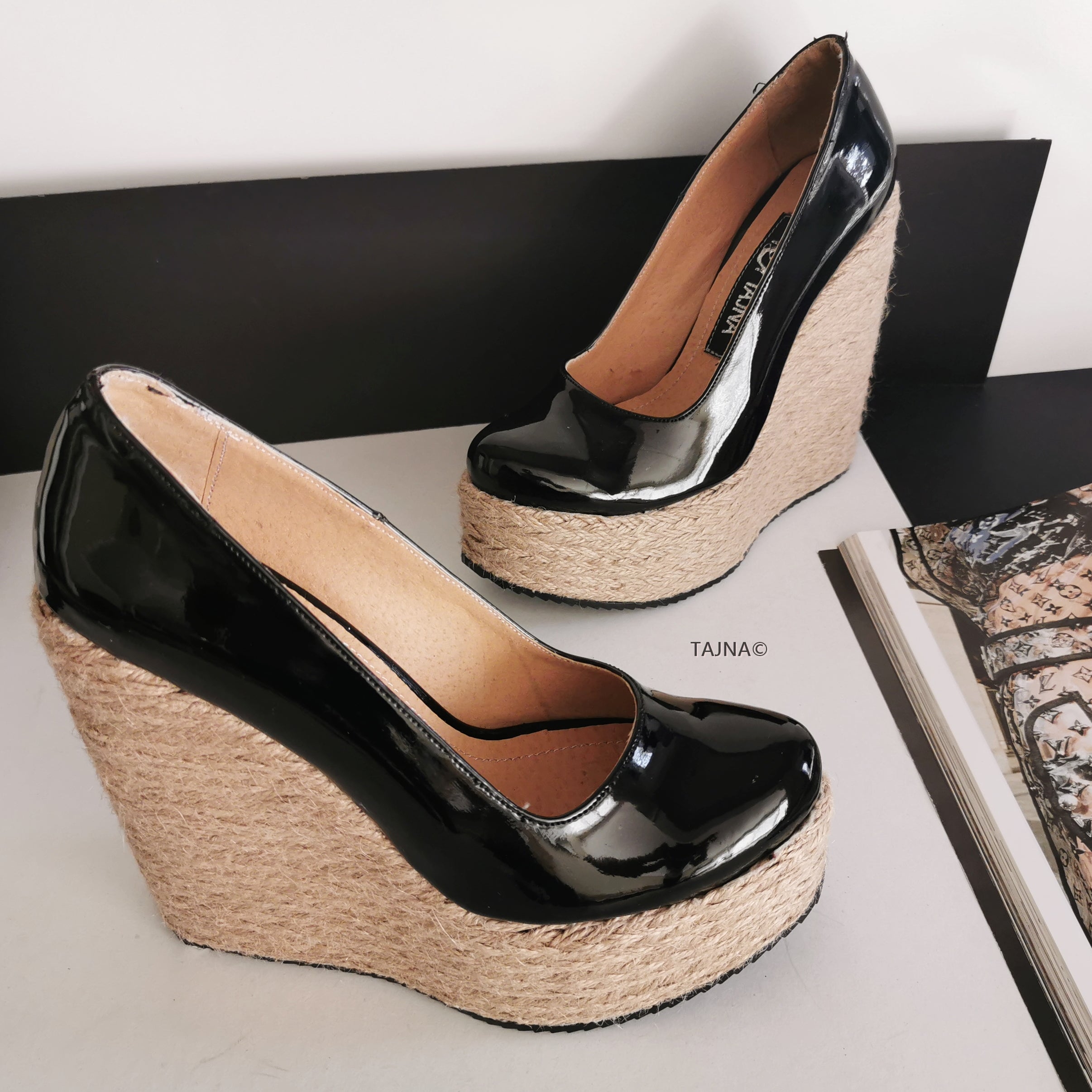 Black Patent Espadril Wedge Heels