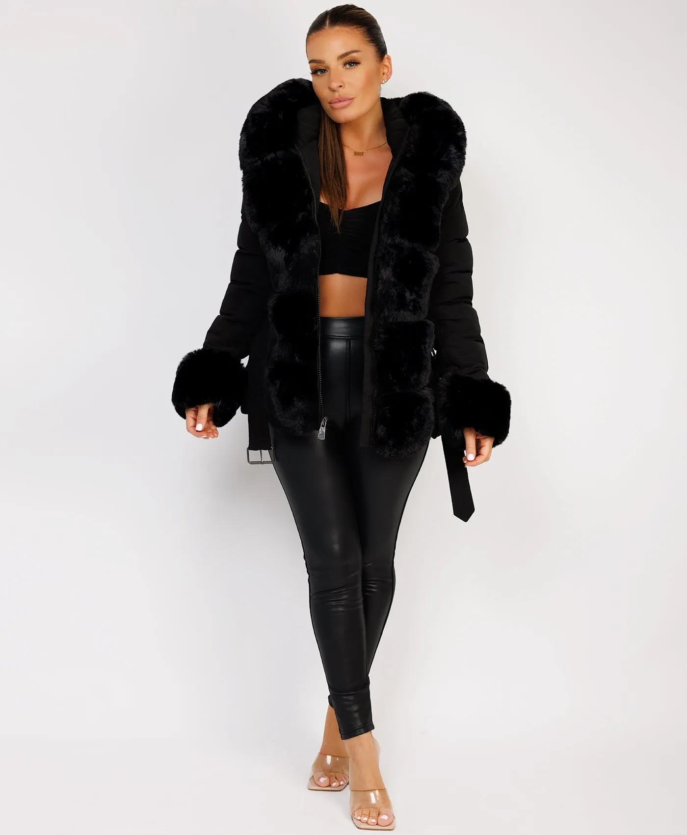 Black Premium Faux Fur Trim Padded Parka Coat