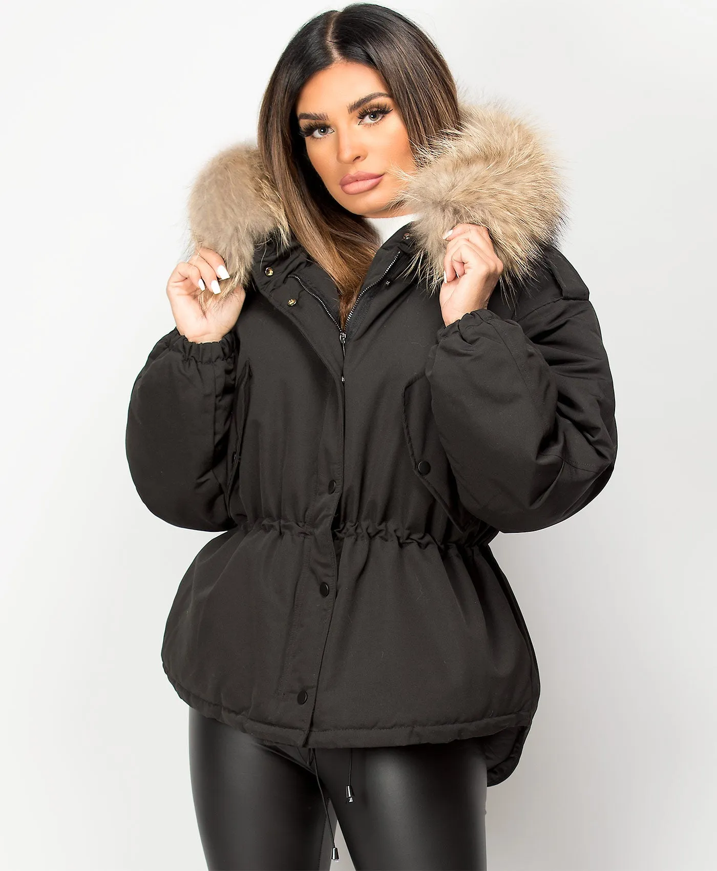 Black Real Natural Fur Hooded Oversized Fishtail Parka Jacket