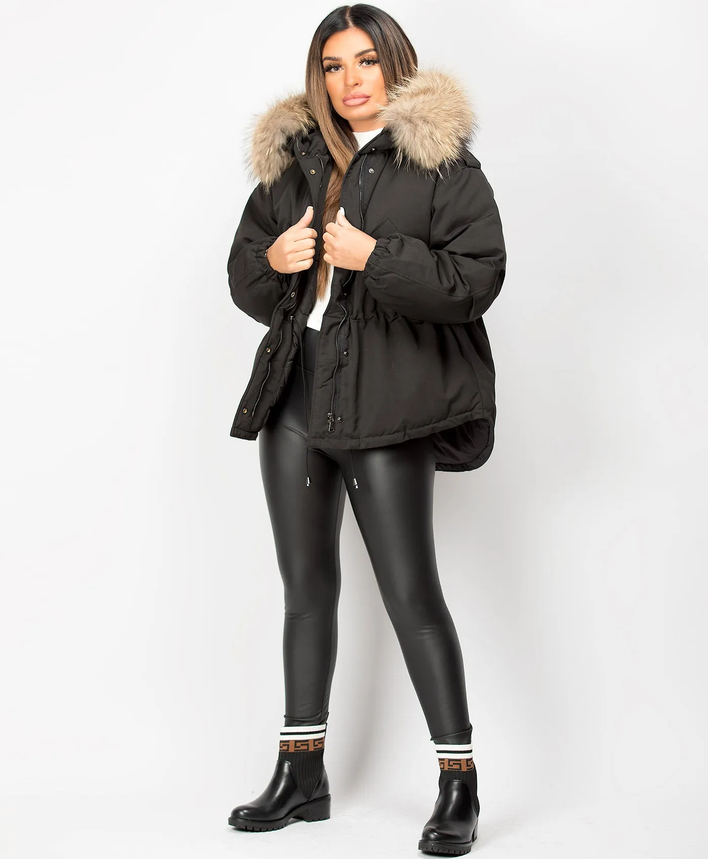 Black Real Natural Fur Hooded Oversized Fishtail Parka Jacket