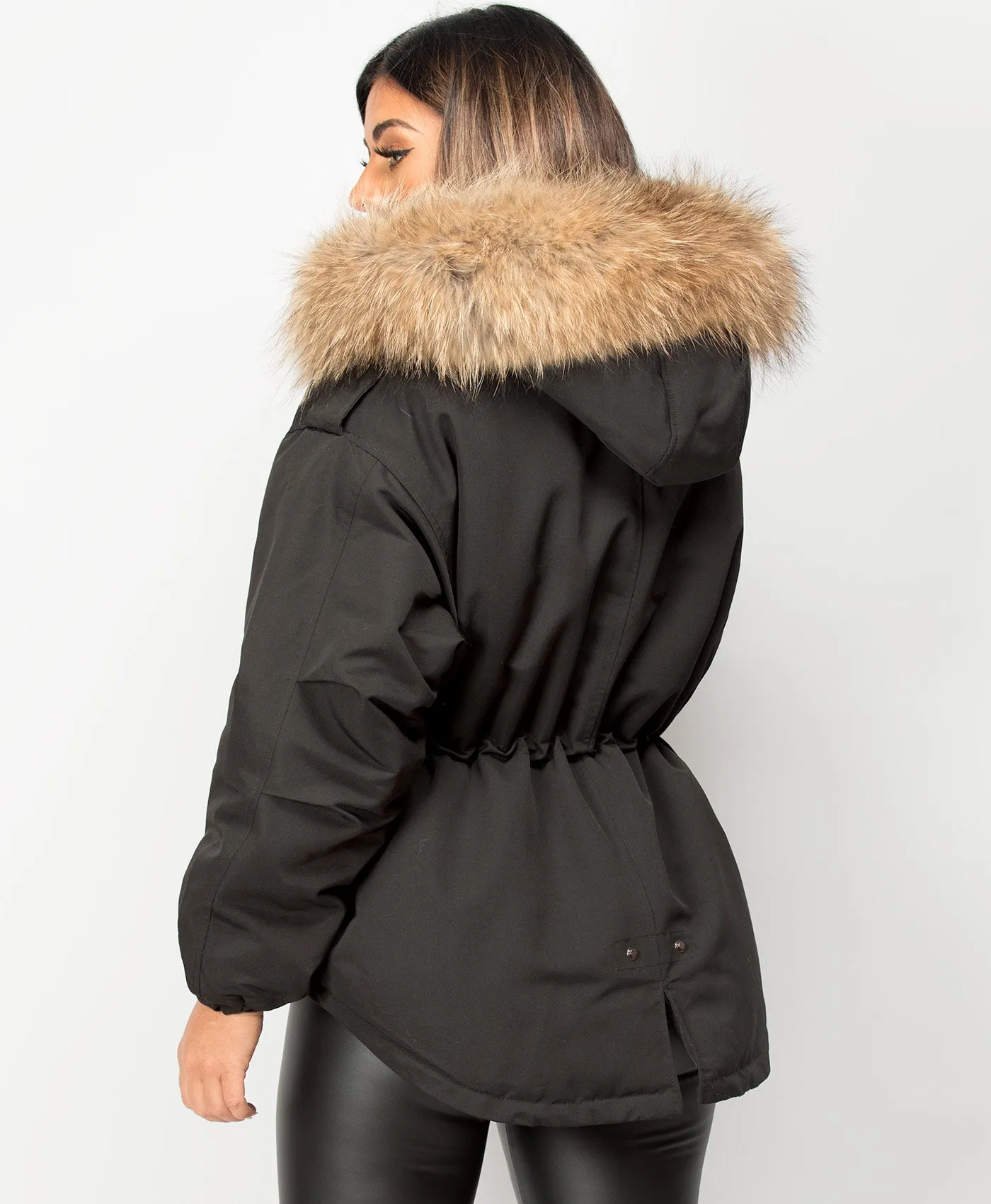 Black Real Natural Fur Hooded Oversized Fishtail Parka Jacket