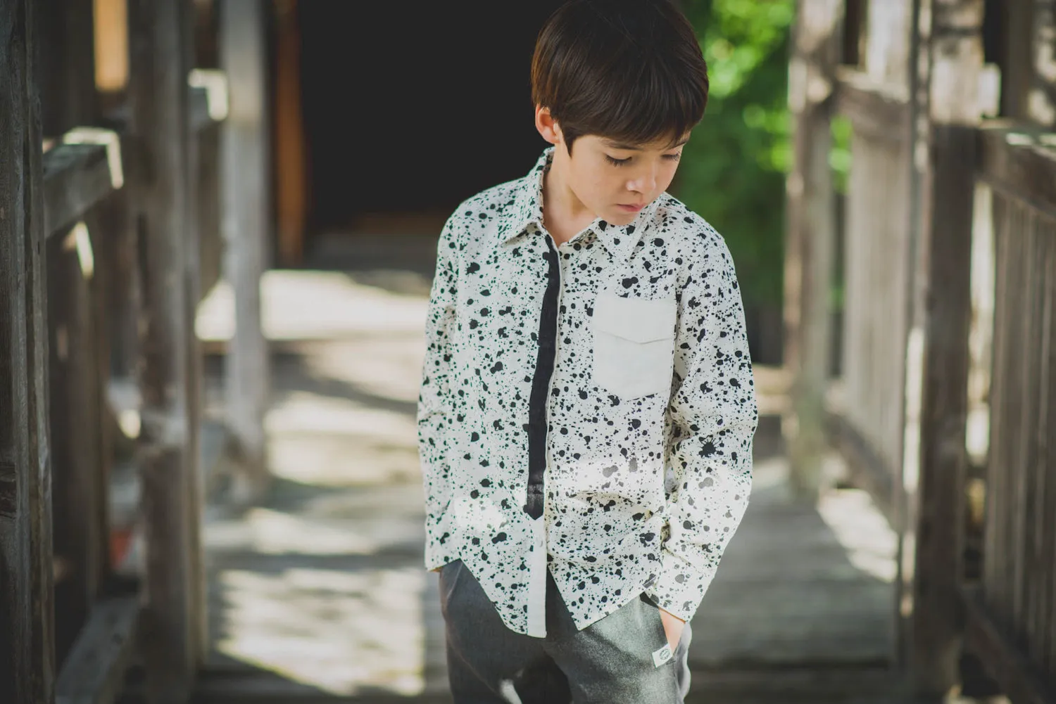 Black Tie Paint Splatter Button Down Shirt by: Mini Shatsu