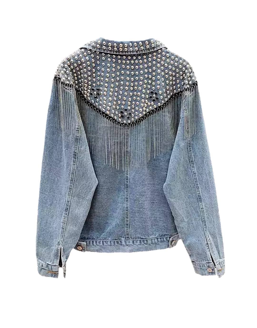 Blue Denim Studded and Fringed Jacket