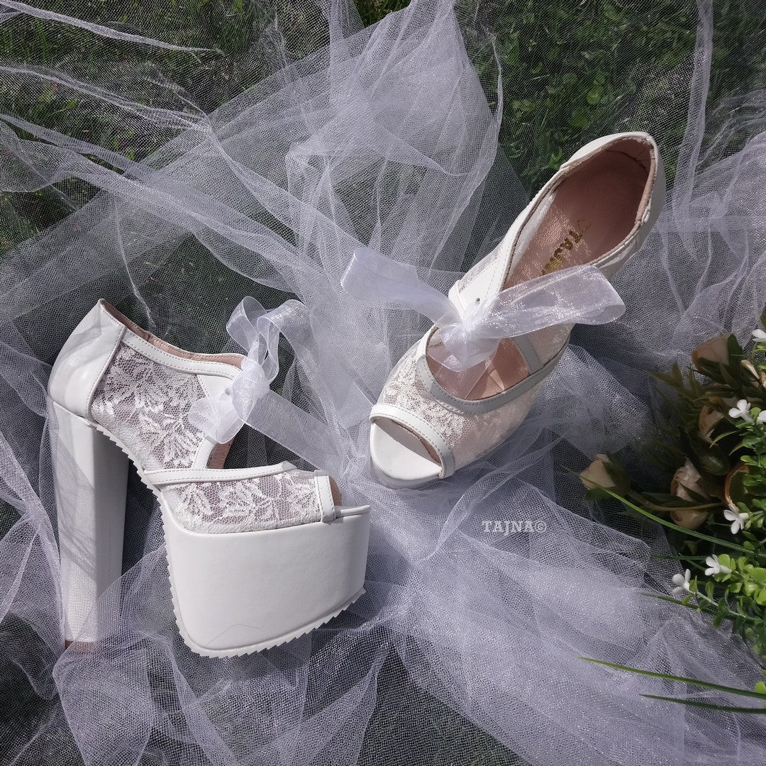 Bridal White Lace Shoes With Chunky High Heel Platforms