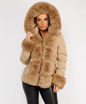 Camel Premium Faux Fur Trim Padded Parka Coat