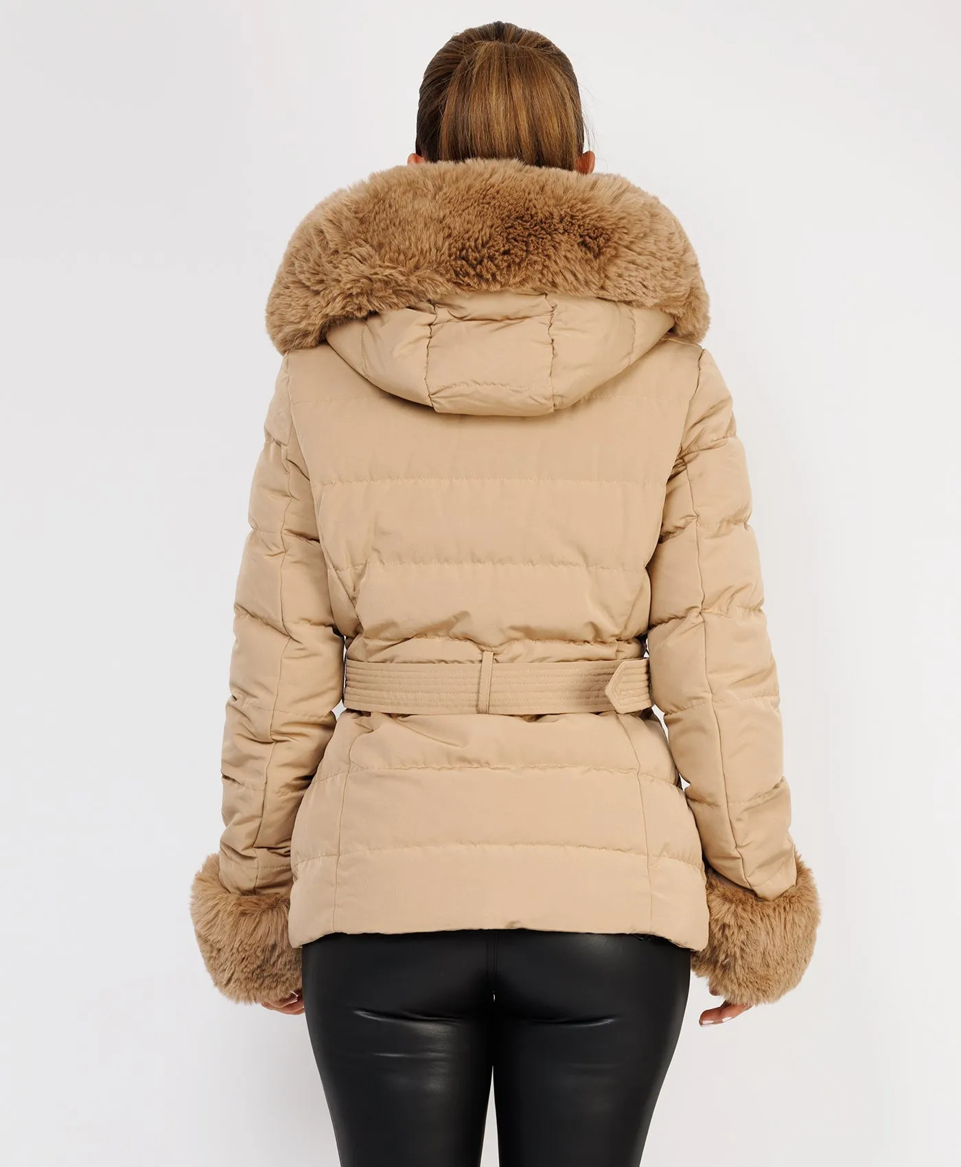 Camel Premium Faux Fur Trim Padded Parka Coat