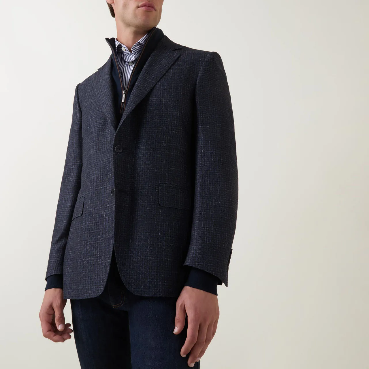 CANALI D6 Mini Check Single-Breasted Blazer - Navy