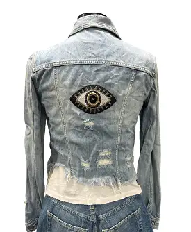 Collab 322 Eye Spy Cropped Fringe Blue Denim Jacket