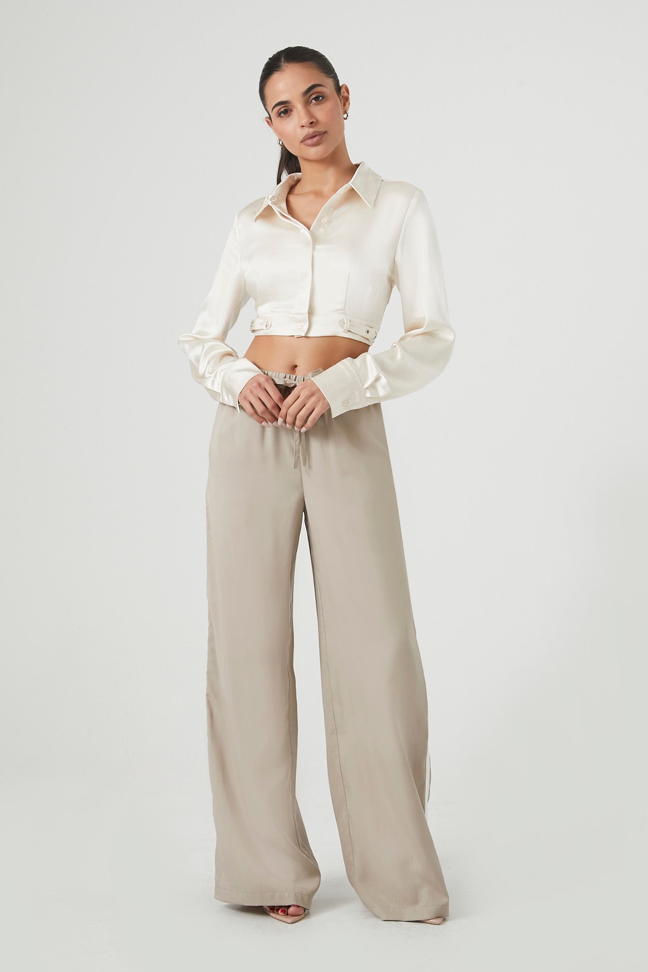 Cropped Satin Long-Sleeve Shirt