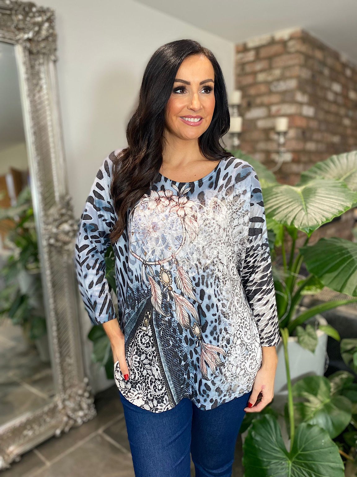 Denim Leopard Floral Dreamcatcher Top Carrie