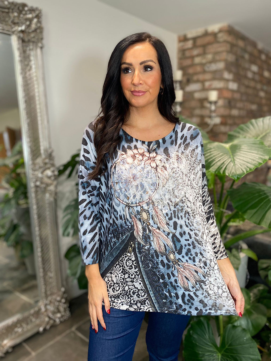 Denim Leopard Floral Dreamcatcher Top Carrie