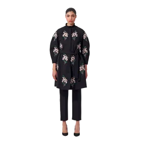 Embellished Collarless A-Line Coat | Black Multi