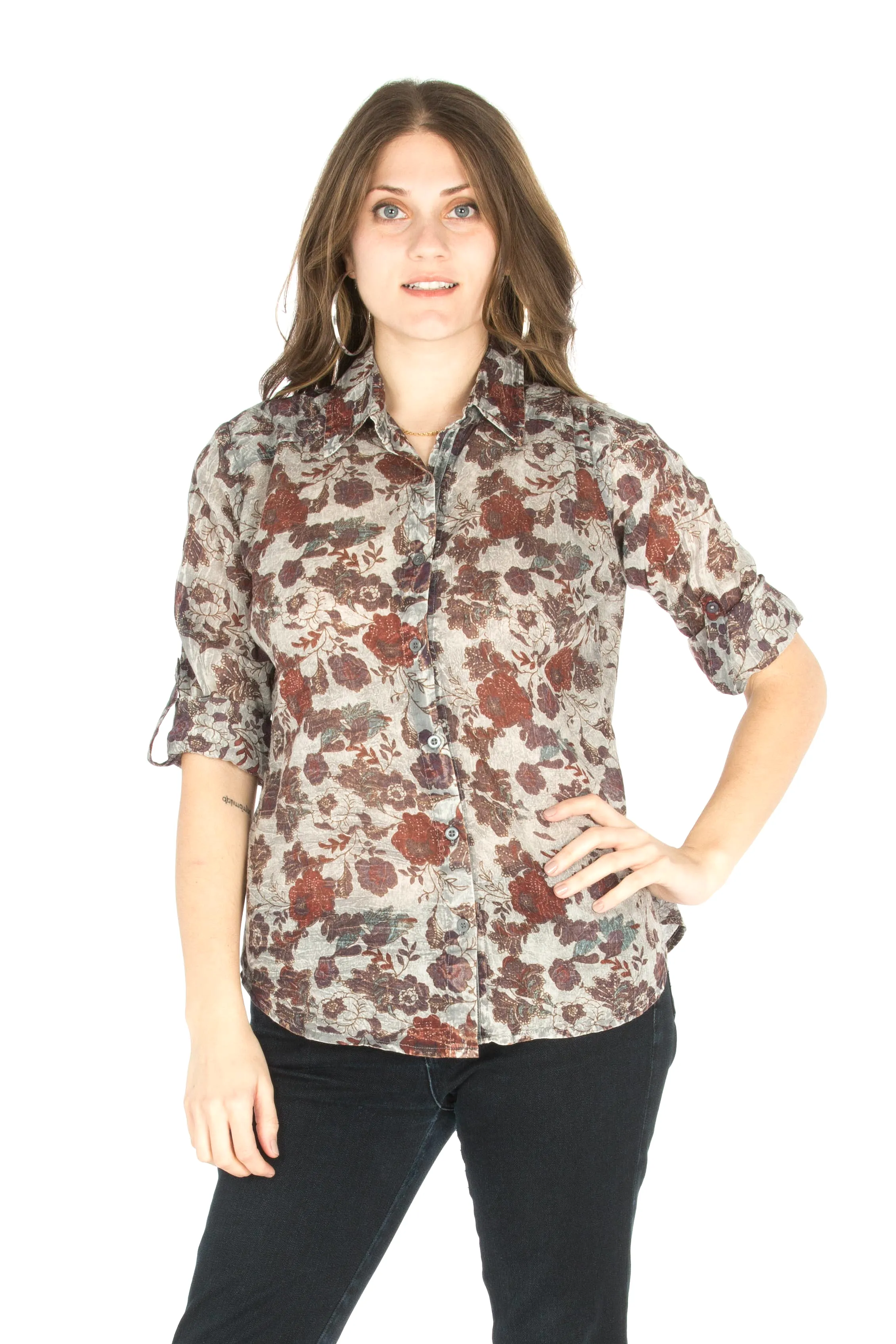 Floral Printed Button-Down Shirt with Vintage Wash