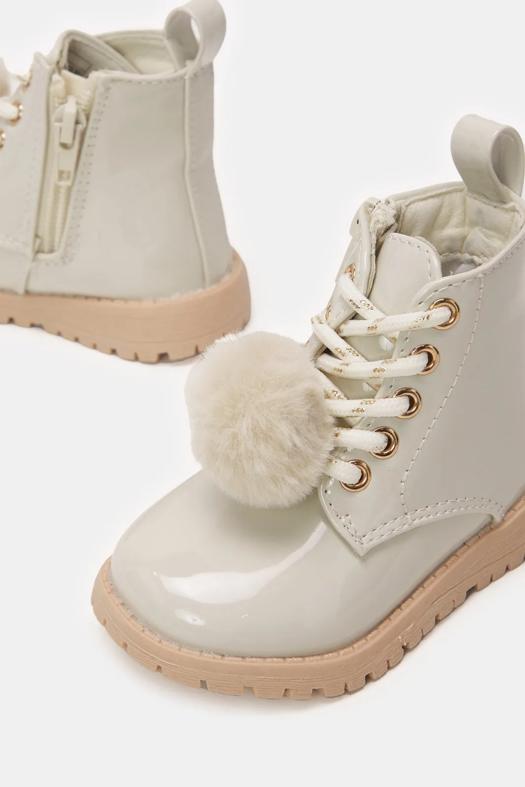 Girls Cream Pom Pom Details Ankle Boot