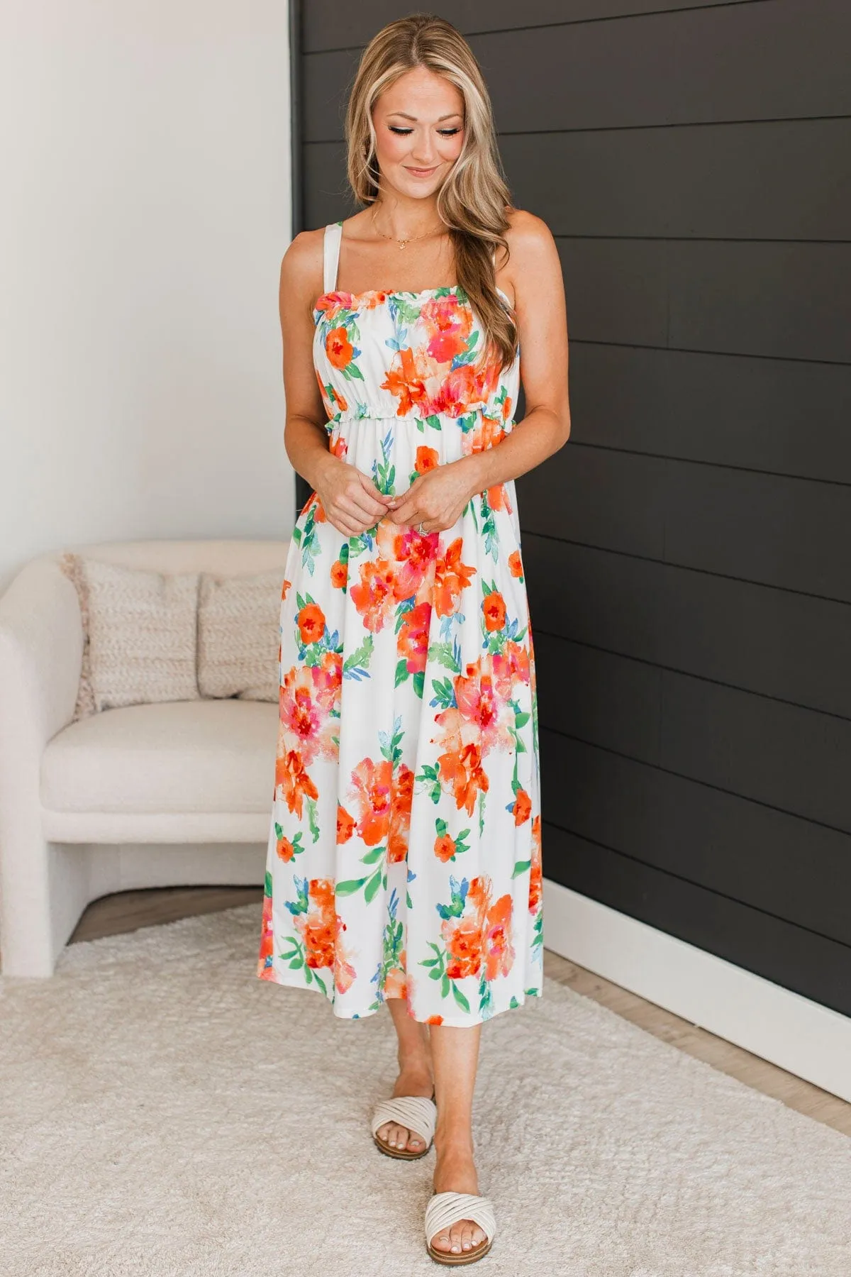 Give It A Chance Floral Midi Dress- Ivory