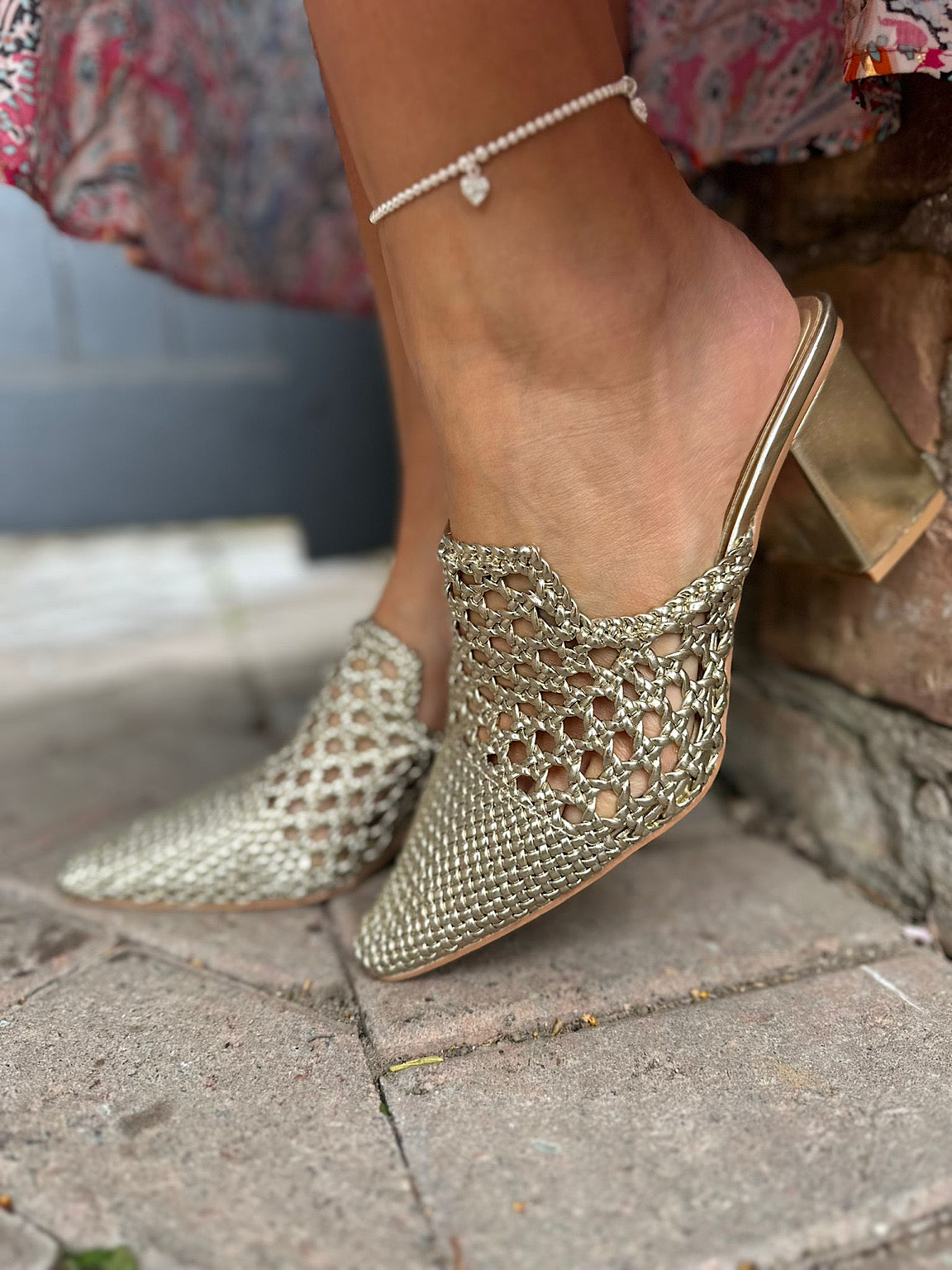 Gold Weave Block Heel Shoes