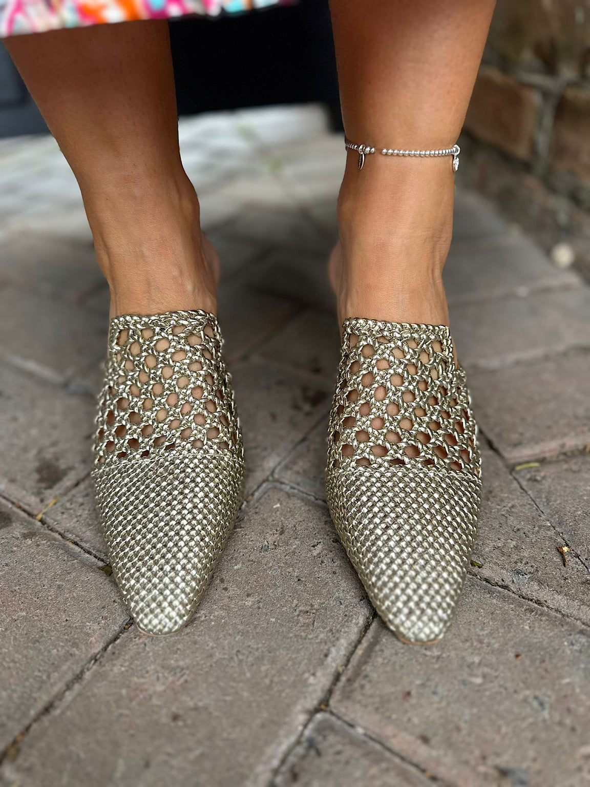 Gold Weave Block Heel Shoes