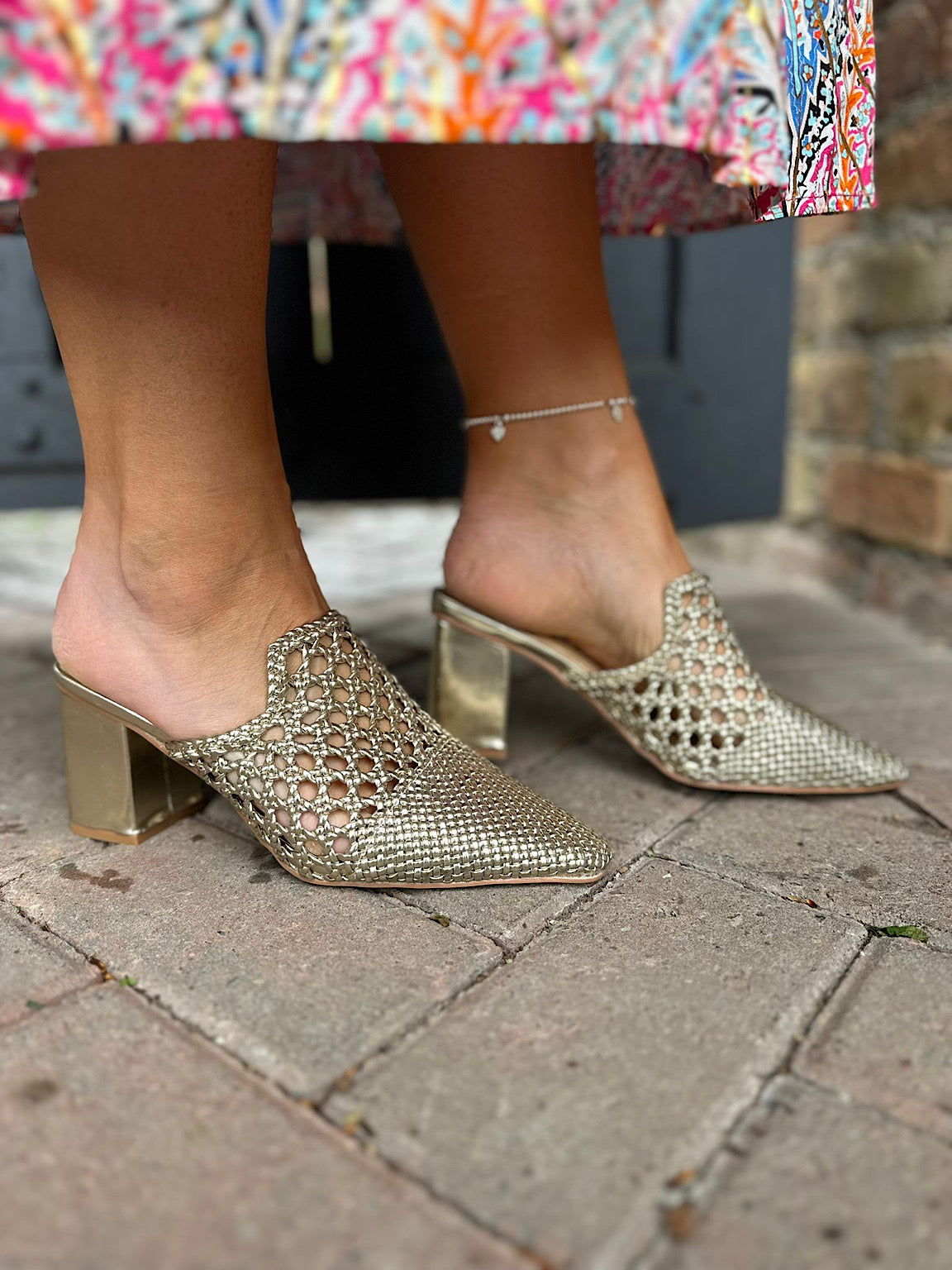 Gold Weave Block Heel Shoes