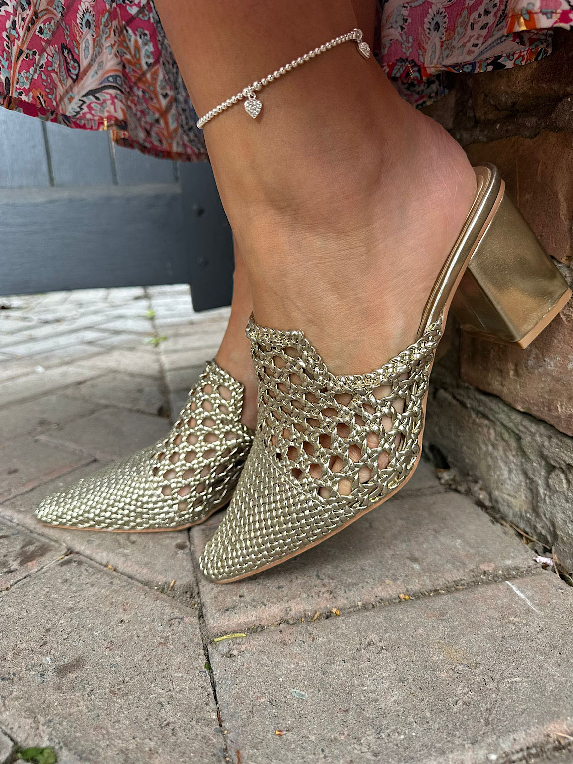 Gold Weave Block Heel Shoes