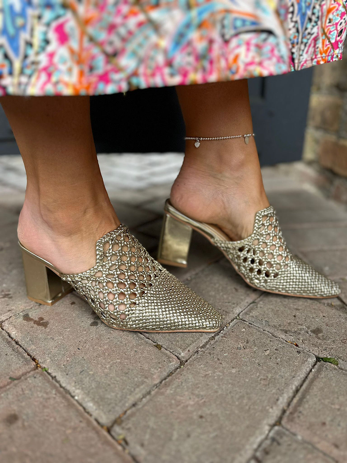 Gold Weave Block Heel Shoes